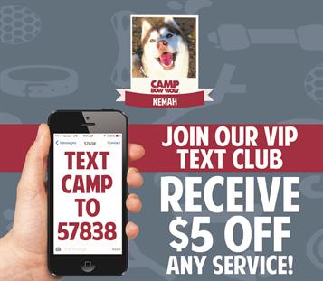 TEXT CAMP TO 57838. Join our VIP Text Club. Receive $5 off any service at Camp Bow Wow Kemah
